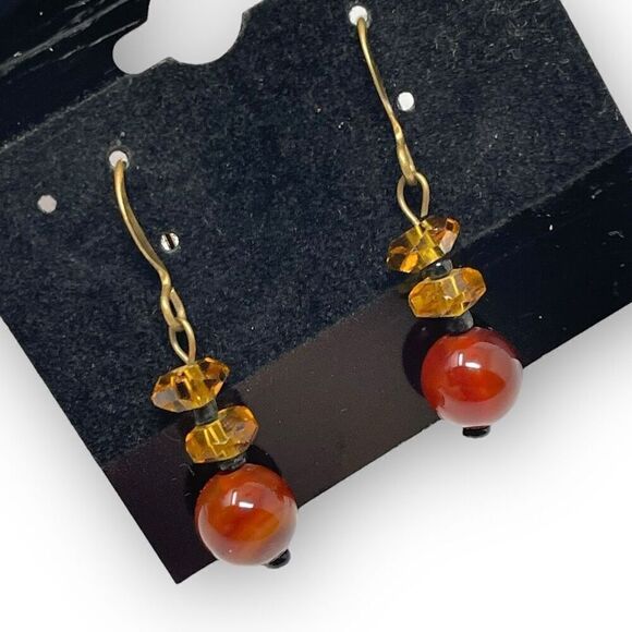 Vintage Amber and Gold Tone Beaded Drop Dangle Earrings - Picture 7 of 8